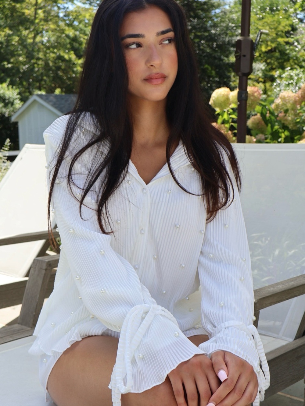 Waverly Pearl-Embellished White Long-Sleeve Pajama Top